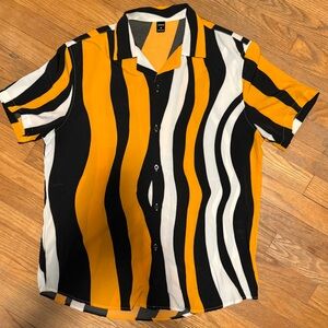 Striped Black, White, and Orange Button-Up Shirt